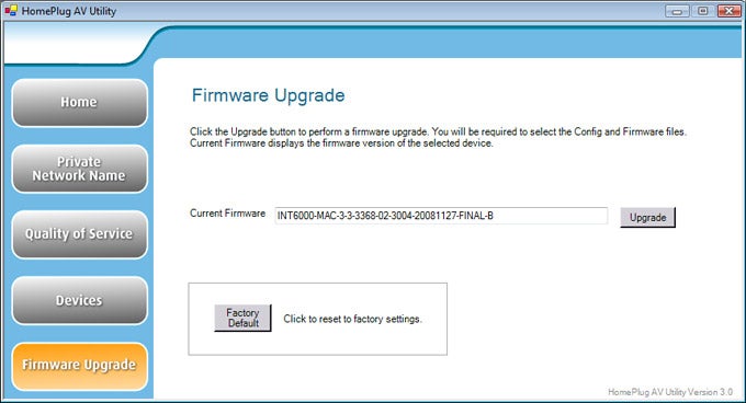 Screenshot of Solwise HomePlug AV utility network settings.Screenshot of HomePlug AV Utility firmware upgrade interface.