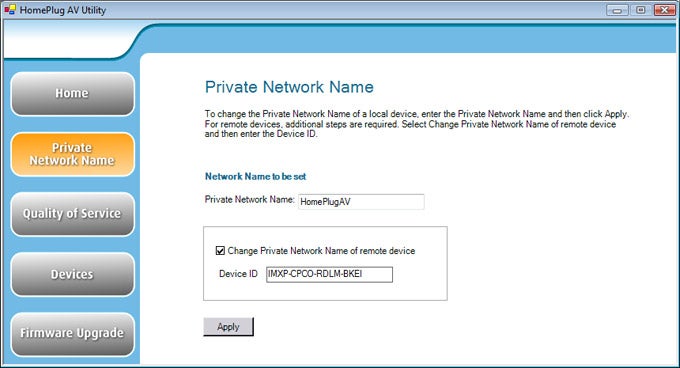 Screenshot of Solwise HomePlug AV utility network settings.
