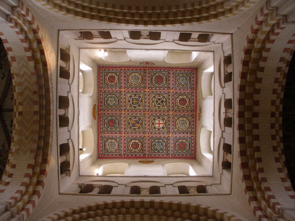 Intricate ceiling design captured from below.