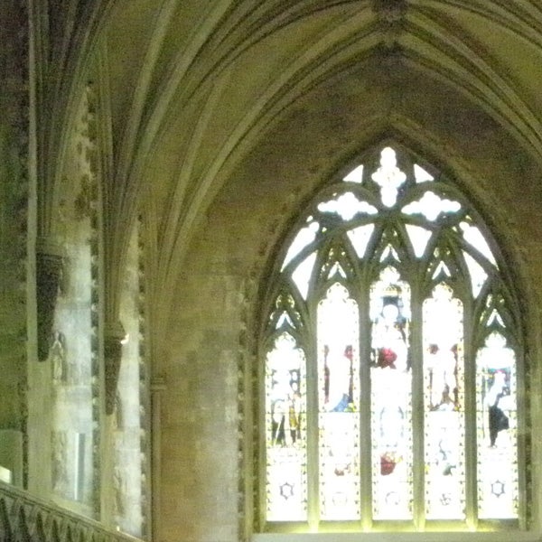 photo of a stained glass window inside a church.
