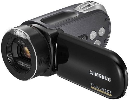 Samsung HMX-H104 Full HD Camcorder on white background.