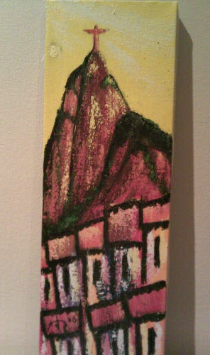 Abstract painting of building on canvas.