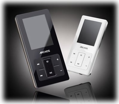 Black and white Archos 2 8GB MP3 players on reflective surface.