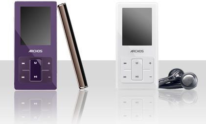 Archos 2 8GB MP3 players in purple and white with earphones.