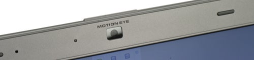 Close-up of Sony VAIO laptop's webcam and Motion Eye label.