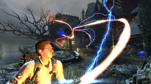 Ghostbusters game character using proton pack beam.
