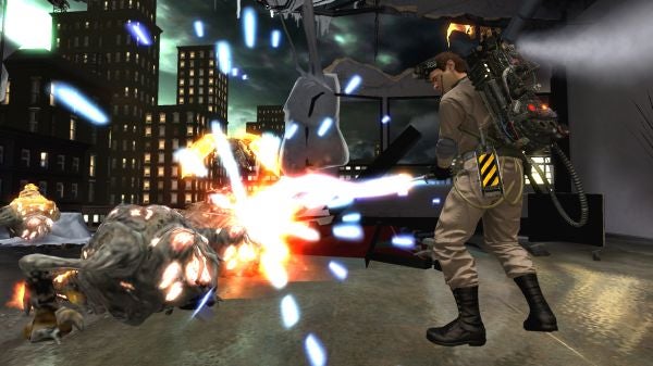 Character in Ghostbusters game firing at ghost enemies.