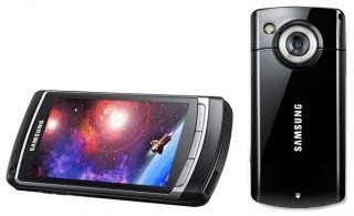 Samsung i8910 HD smartphone with open slider and rear camera view.