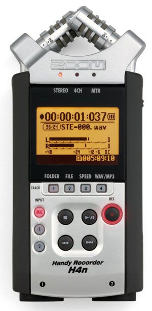 Zoom H4N Handy Digital Recorder front view with display on.