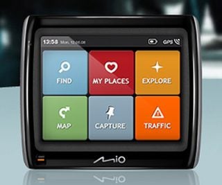Mio Navman Spirit 300 GPS device with main menu displayed.