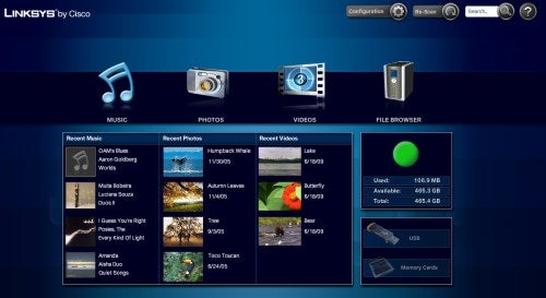 Cisco Linksys Media Hub NMH405 user interface screenshot.