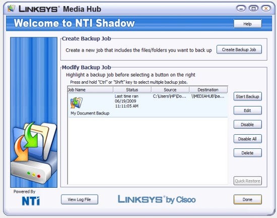 Cisco Linksys Media Hub backup software interface screenshot