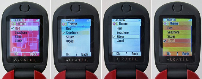 Alcatel OT-S319 phone displaying different color themes.