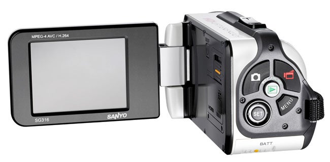 Sanyo Xacti VPC-WH1 waterproof camcorder with open LCD screen.