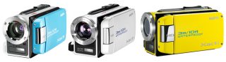 Three Sanyo Xacti VPC-WH1 camcorders in different colors