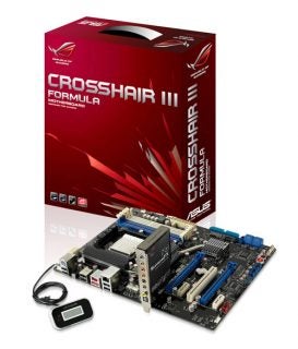 Asus Crosshair III Formula motherboard with packaging and accessories.