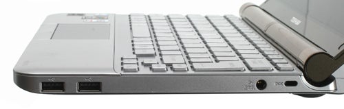 Close-up of Toshiba NB200-10Z netbook's keyboard and ports.