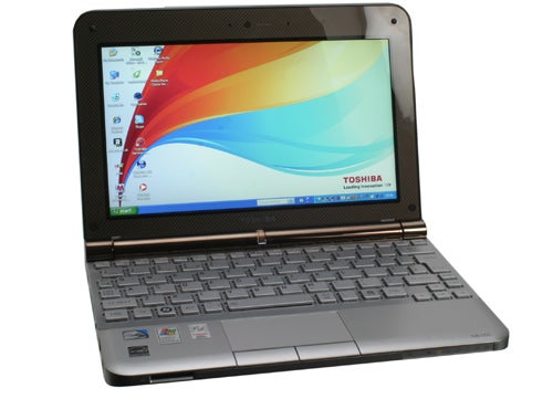 Toshiba NB200-10Z Netbook open on desktop screen.