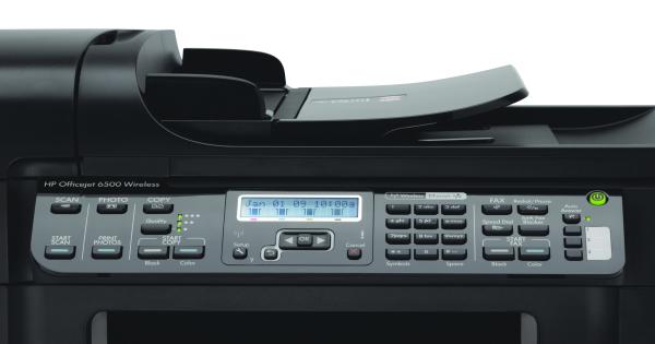 Close-up of HP OfficeJet 6500 Wireless printer control panel.