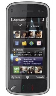 Nokia N97 smartphone displaying home screen with apps.
