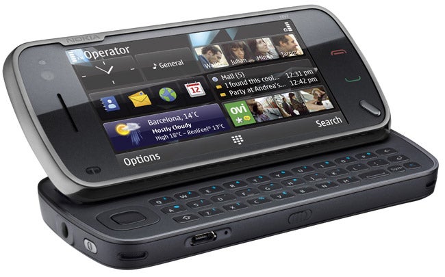 Nokia N97 smartphone with slide-out QWERTY keyboard and screen display.