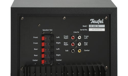 Teufel Concept E 400 subwoofer back panel with connections.