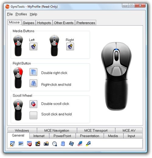 Gyration Air Mouse GO Plus configuration software interface.
