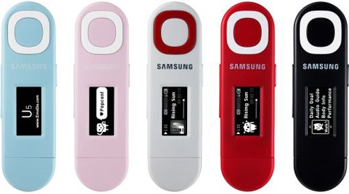 Samsung YP-U5 MP3 players in various colors.