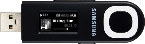 Samsung YP-U5 MP3 player displaying the song 