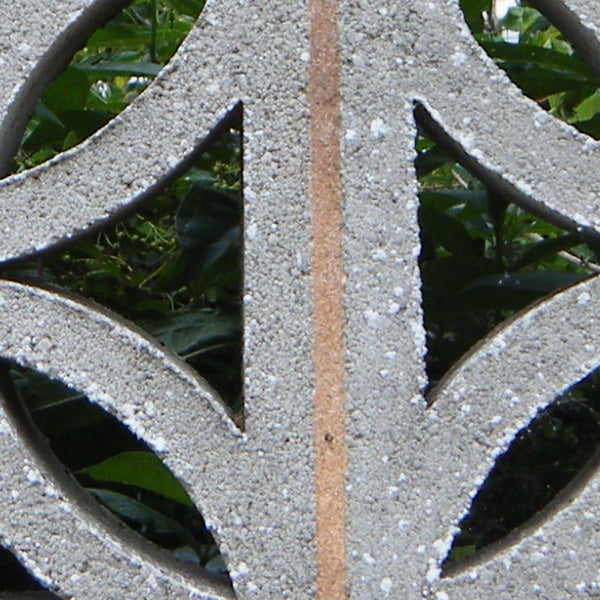 Decorative stone fence pattern with foliage in the background.
