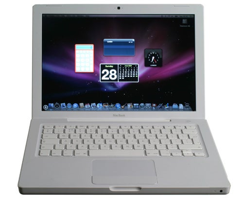 Apple MacBook 13-inch White open with screen on.