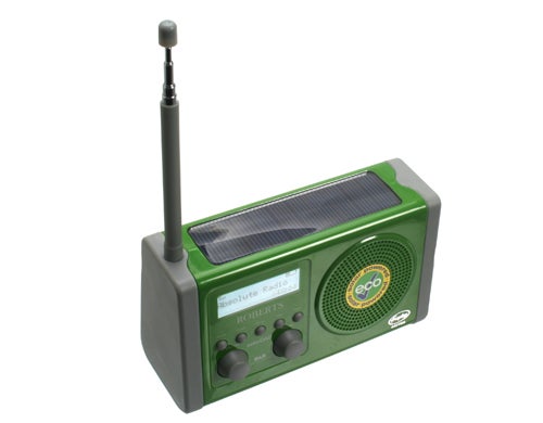 Roberts solarDAB Radio with solar panel and extended antenna.