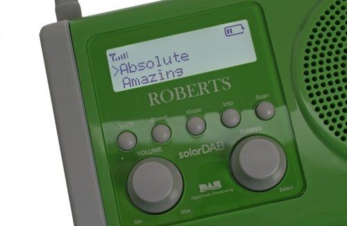 Close-up of Roberts solarDAB Radio screen and controls.