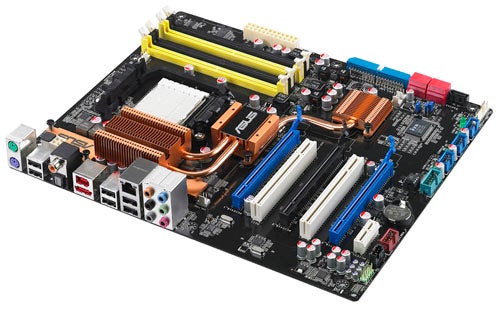 Asus M4N82 Deluxe motherboard with heat sinks and ports
