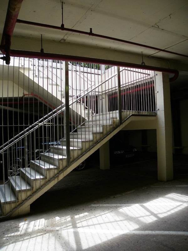 Photograph of a staircase inside a building demonstrating camera's low-light capability.