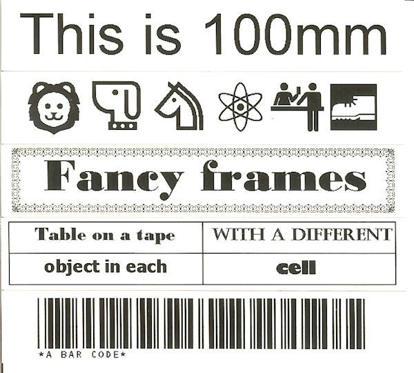 Sample labels printed by Brother P-Touch 2100 printer.