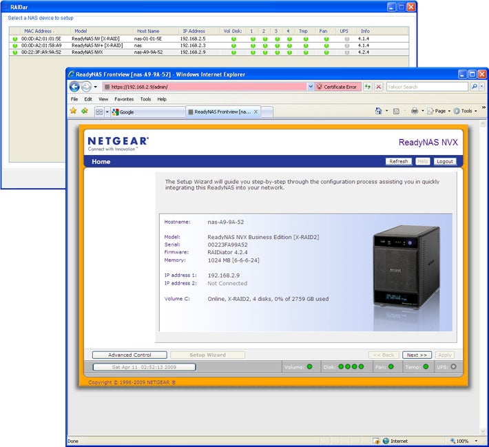 Screenshot of ReadyNAS NVX setup interface with device information.