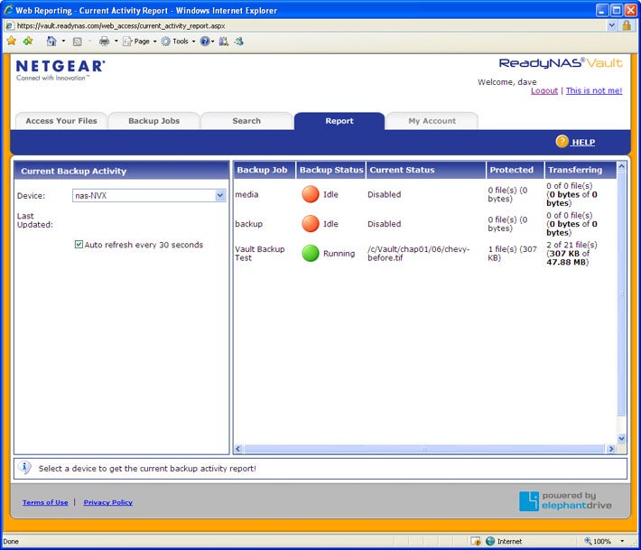 Screenshot of Netgear ReadyNAS NVX current backup activity report.