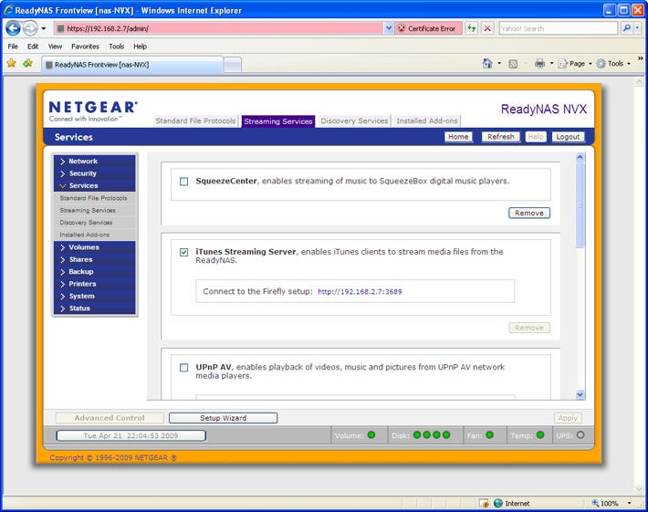 Screenshot of Netgear ReadyNAS NVX interface on Internet Explorer.