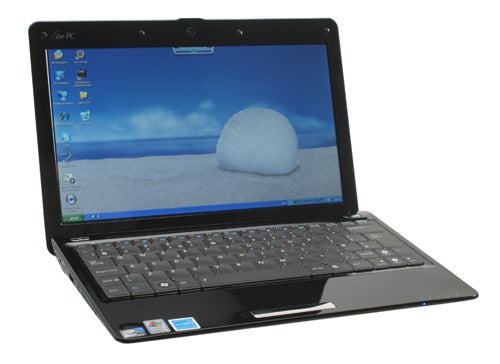 Asus Eee PC 1101HA Seashell Netbook with open lid on desk.