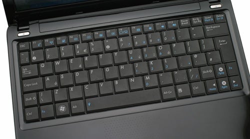 Close-up of Asus Eee PC 1101HA Seashell netbook keyboard.