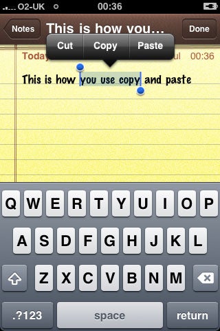 iPhone 3GS displaying copy and paste function in notes app.