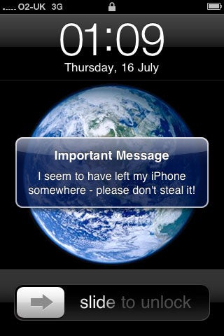 Apple iPhone 3GS screen showing a humorous lost phone message.