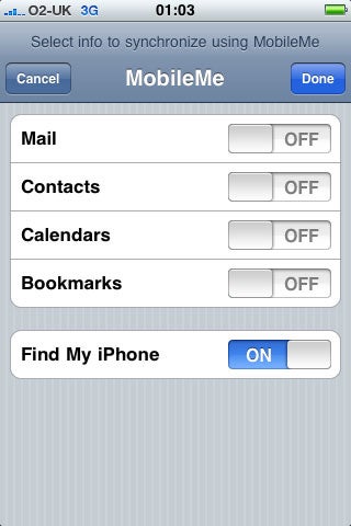 Screenshot of iPhone 3GS MobileMe settings page.