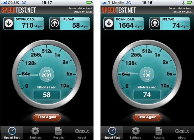 Speed test results on iPhone 3GS for two different carriers.