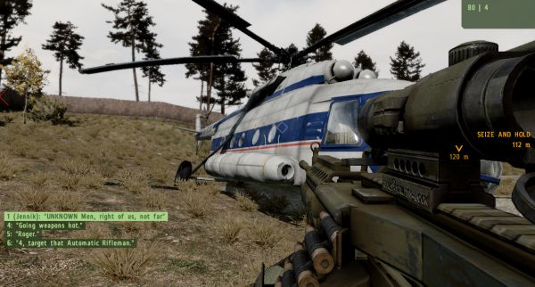 First-person view in a shooting game with helicopter and HUD elements.