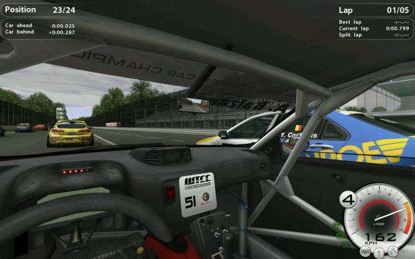 First-person view of a racing simulation game.