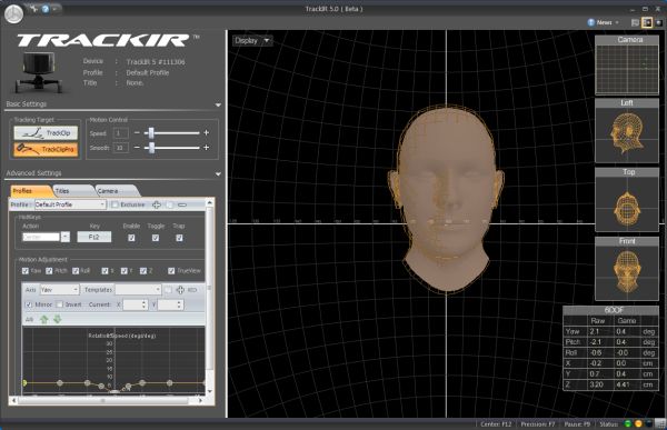 TrackIR software interface showing head tracking settings and visualization.