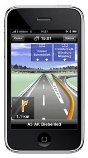 iPhone displaying Navigon MobileNavigator GPS app.