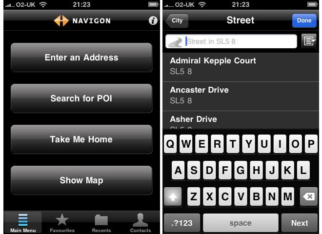 Screenshots of Navigon MobileNavigator app interface on iPhone.